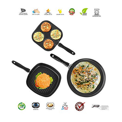 Sumeet 2.6mm Thick Non-Stick Redson Combo Set (Dosa Tawa – 26.5cm Dia + Multi Snack Maker – 26.5cm Dia + Grill Pan – 1.1Ltr Capacity – 22cm Dia)