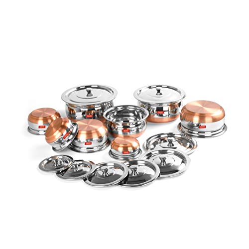 Sumeet Stainless Steel Copper Bottom 8 Pc Handi / Cookware/ Servware Pot Set with Lid 360ML, 500ML, 800ML, 1Ltr, 1.250Ltr, 1.650Ltr (Silver)