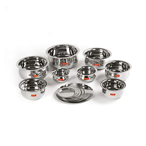 Sumeet Stainless Steel Belly Shape 8 Pc Tope / Cookware/ Pot Set with Lid 380ML, 500ML, 780ML, 1.1Ltr, 1.4Ltr, 1.75Ltr, 2.4 LTR, 3.1 LTR (Silver)