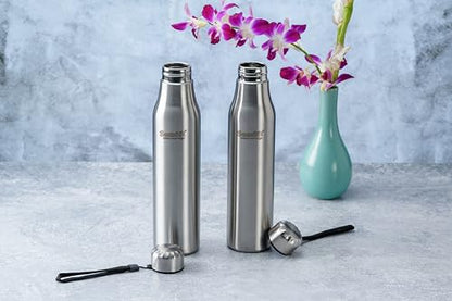 Sumeet Alpha-Aqua Stainless Steel Leak Proof Water Bottle Office/School/College/Gym/Picnic/Home/Fridge - 1 Litre |Pack of 2| Silver