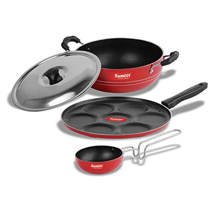 Sumeet 2.6mm Thick Non-Stick Olba Combo Set (Multi Snack Maker – 26.5cm Dia + Kadhai with Lid – 1.5Ltr Capacity- 20cm Dia + Tadka Pan – 10cm Dia)