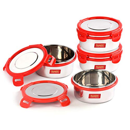 Sumeet Airtight & Leak Proof Steelexo S.S. Container/Lunch Box with Stainless Steel Lid Set of 4cs (460Ml Each)