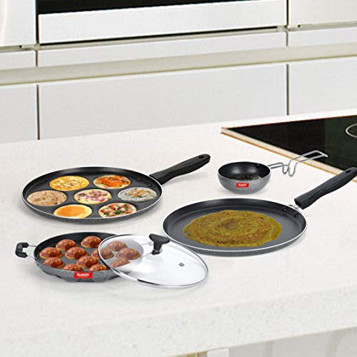 Sumeet NonStick Griseo Cookware Set (Dosa Tawa-26.5Cm Dia+Multi Snack Maker-7 Cavity-26.5Cm Dia+Grill Appam Patra with Glass Lid-12 Cavity-22cm Dia+Waghariya/Tadka pan-190Ml-10Cm Dia)