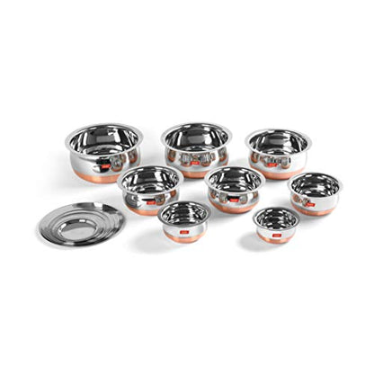 Sumeet Stainless Steel Copper Bottom Belly Shape 8 Pc Tope / Cookware/ Pot Set with Lid 380ML, 500ML, 780ML, 1.1Ltr, 1.4Ltr, 1.75Ltr, 2.4Lt, 3.LTR (Silver)