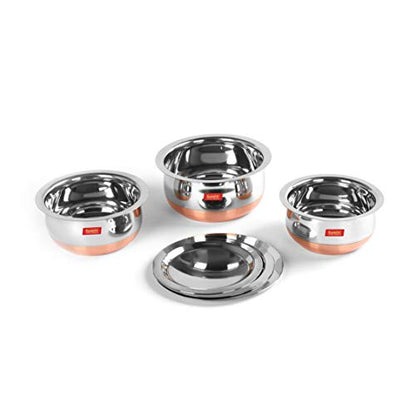 Sumeet Stainless Steel Copper Bottom Belly Shape 3 Pc Tope / Cookware/ Pot Set with Lid 380ML, 500ML, 780ML, (Silver)