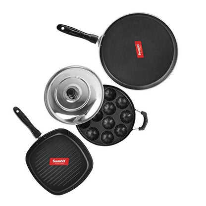 Sumeet 2.6mm Thick Non-Stick Maroon Combo Set (Dosa Tawa – 26.5cm Dia + Grill Appam Patra with Lid – 23cm Dia + Grill Pan – 1.1Ltr Capacity – 22cm Dia)