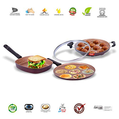 Sumeet Buffy Aluminium Grill Pan, Grill Appam Patra With Glass Lid, Multi Snack Maker, 1.1 L Grill Pan, 12 Piece (Peach)