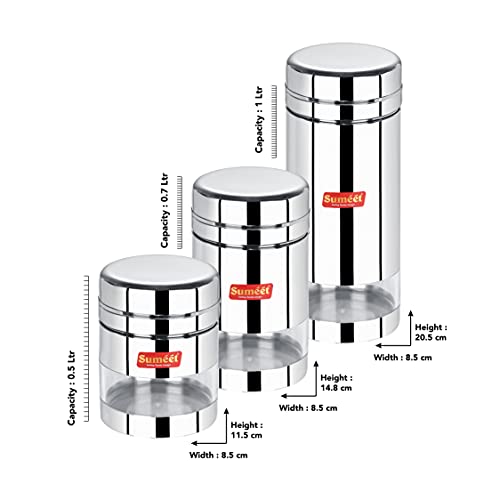 Sumeet Stainless Steel Circular See Through/Transparent Container, Set of 9Pc, 500 Ml, 700Ml, 1000 Ml, 8.5cm Dia, Silver