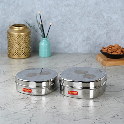 Sumeet Stainless Steel Designer Square Storage containers Box/Dabba for Kitchen, Set of 2Pcs, 350ml & 600ml, 12cm & 13.5cm Dia, Silver