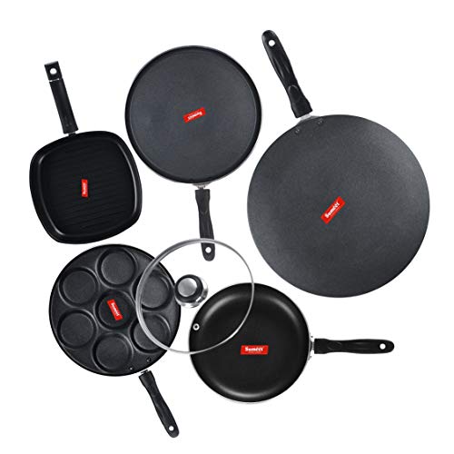 Sumeet NonStick Svart Cookware Set (Dosa Tawa - 26.5Cm Dia + Multi Snack Maker - 7 Cavity - 26.5Cm Dia + Conceve - 28Cm Dia + Grill Pan-22cm Dia + Frypan with Glass Lid - 1.5Ltr - 22Cm Dia)