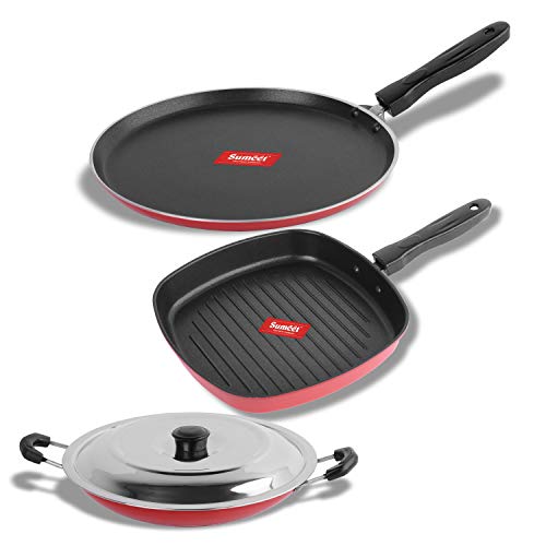 Sumeet 2.6mm Thick Non-Stick Flanna Combo Set (Dosa Tawa – 26.5cm Dia + Grill Pan with Lid – 23cm Dia + Appachatty – 22.2cm Dia)