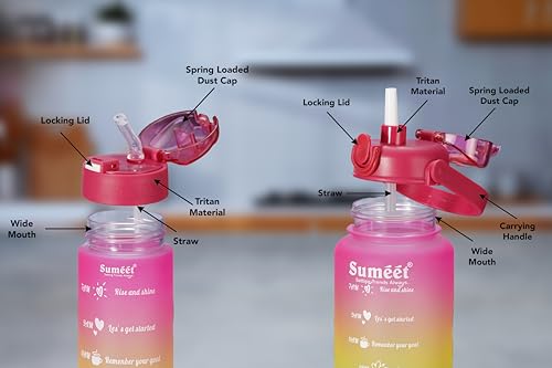 Sumeet Leak Proof Motivational/Inspire-Hydrate Water Bottle combo with Straw & Time Marker for Office/School/College/Gym/Picnic/Out Door Sports - 300ml, 700ml & 1850ml Set of 3, Pink