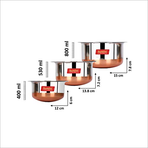 Sumeet Stainless Steel Copper Bottom 3Pc Tope Set with Lid (400Ml, 530Ml, 800Ml)