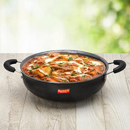 Sumeet Pre Seasoned Iron Kadai 2.5mm Thick with Glass Lid (Double Side Handle) 22.8 cm, 2.3Ltr