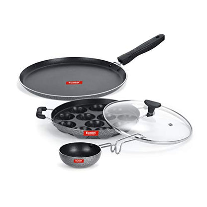 Sumeet NonStick Hall Cookware Set (Dosa Tawa - 26.5Cm Dia + Grill Appam Patra with Glass Lid - 12 Cavity - 22cm Dia + Waghariya/Tadka pan - 190Ml - 10Cm Dia)