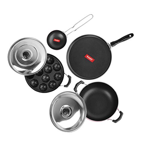 Sumeet 2.6mm Thick Non-Stick Rood Cookware Set (Dosa Tawa – 26.5cm Dia + Kadhai with Lid – 1.5Ltr Capacity- 20cm Dia + Grill Appam Patra with Lid – 23cm Dia + Tadka Pan – 10cm Dia)