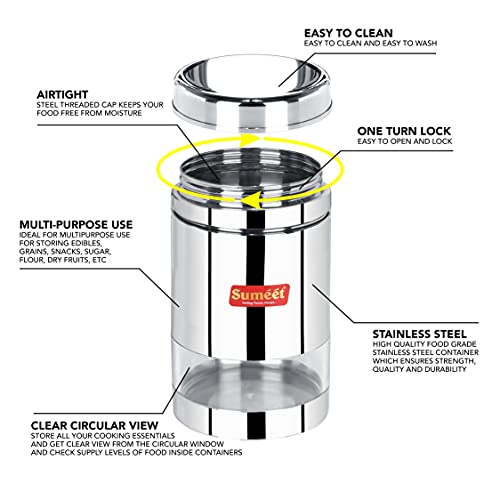 Sumeet Stainless Steel Circular See Through / Transparent Container, Set of 2Pc, 1 Ltr each, 10cm Dia, Silver