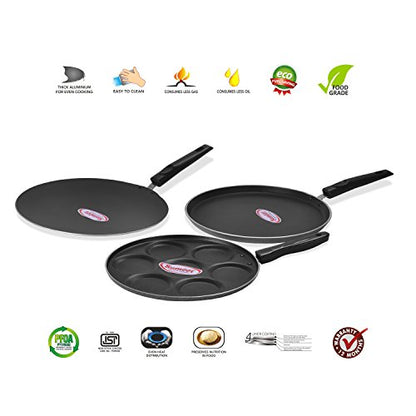 Sumeet 4mm Nonstick Heavy Dosa Tawa, Heavy Concave Tawa & Heavy Multisnack Maker 3pcs Combo Set.