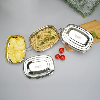 Sumeet Stainless Steel Rectangle Lunch Box/Tiffin with 2 Compartments and Locking Clip,Set of 2 Pcs, 550ML & 650ML, Ideal for 2 Person - Silver