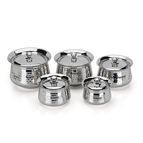 Sumeet Stainless Steel Handcrafted Hammered Texture Handi Set with Lid for Kitchen, Set of 5, 460ml, 650ml, 950ml, 1300ml & 1700ml, Silver