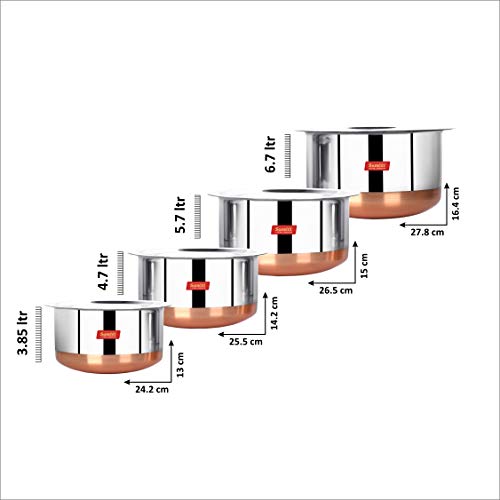 Sumeet Stainless Steel Copper Bottom 4Pc Big Size Tope Set with Lid (3.850L, 4.70L, 5.7Ltr, 6.7Ltr)