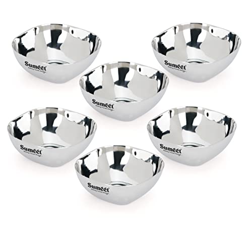 Sumeet Heavy Gauge Stainless Steel Apple Square Bowl/Wati/Katori with Mirror Finish – 8cm Dia, Set of 6pc, 180ML Each - Silver