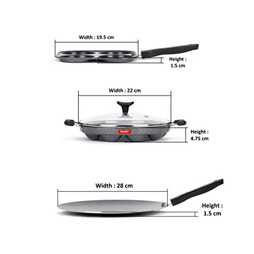 Sumeet NonStick Boz Cookware Set (Mini Multi Snack Maker - 4 Cavity -19.5cm + Grill Appam Patra with Glass Lid - 12 Cavity - 22cm Dia + Conceve/Roti Tawa - 28Cm Dia)