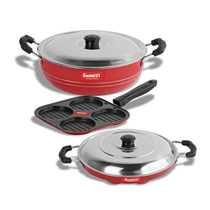 Sumeet 2.6mm Thick Non-Stick Red Star Combo Set (Mini Multi Snack Maker – 19.5cm Dia + Kadhai with Lid – 1.5Ltr Capacity- 20cm Dia + Grill Appam Patra with Lid – 23cm Dia)