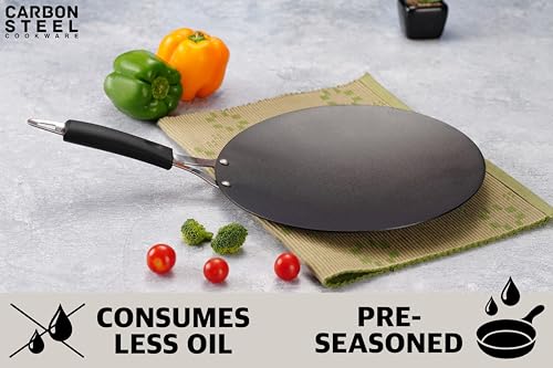 Sumeet Super Smooth Pre Seasoned Carbon Steel (Iron) Concave Tawa for Roti, Chapati, Paratha, Chila |Naturally Nonstick |25cm, Gas & Induction-Friendly, Black