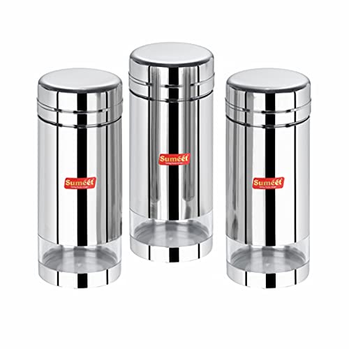 Sumeet Stainless Steel Circular See Through / Transparent Container, Set of 3Pc, 1 Ltr each, 10cm Dia, Silver