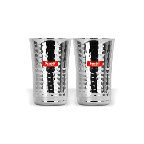 Sumeet Stainless Steel Handcrafted Hammered Texture Big Lassi Glass Set of 2 Pc (Capacity - 600Ml Each)