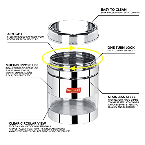 Sumeet Stainless Steel Circular See Through/Transparent Container, Set of 9Pc, 500 Ml, 700Ml, 1000 Ml, 8.5cm Dia, Silver