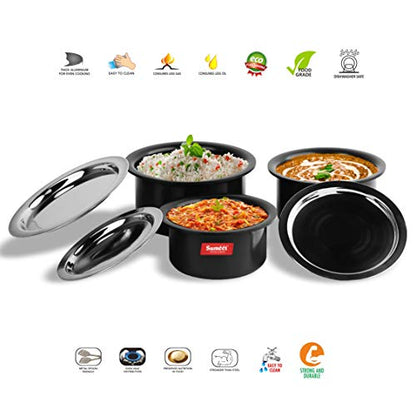 Sumeet Aluminium Cookware Set With Lid, 0.9 LTR, 1.4 LTR, 1.8 LTR, 5 Piece (Black)