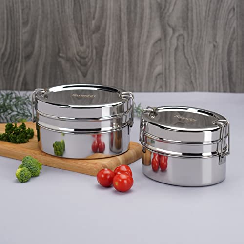 Sumeet Stainless Steel Oval Lunch Box/Tiffin with 2 Compartments and Locking Clip, Set of 2 Pcs, 800ML & 850ML Each, Ideal for 4 Person - Silver