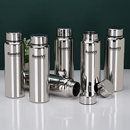 Sumeet Stainless Steel Jointless Akhand Leak-Proof Water Bottle / Fridge Bottle - 800ML Pack of 6, Silver