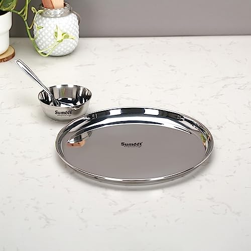 Sumeet Stainless Steel Heavy Gauge Mirror Finish Dinner Set of 3 Pcs (1 Plate, 1 Bowl/Wati, 1 Spoon), Silver