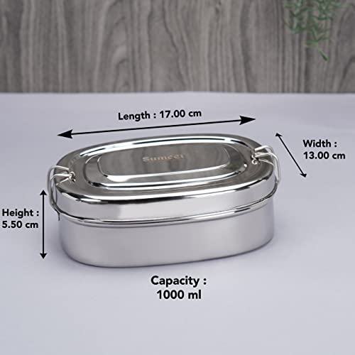 Sumeet Stainless Steel Rectangle Lunch Box/Tiffin with 2 Compartments and Locking Clip, Set of 2 Pcs, 1000ML, Ideal for 4 Person - Silver