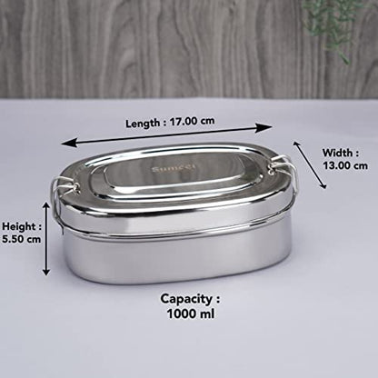 Sumeet Stainless Steel Rectangle Lunch Box/Tiffinwith 2 Compartments and Locking Clip, 1000ML, Ideal for 2 Person - Silver