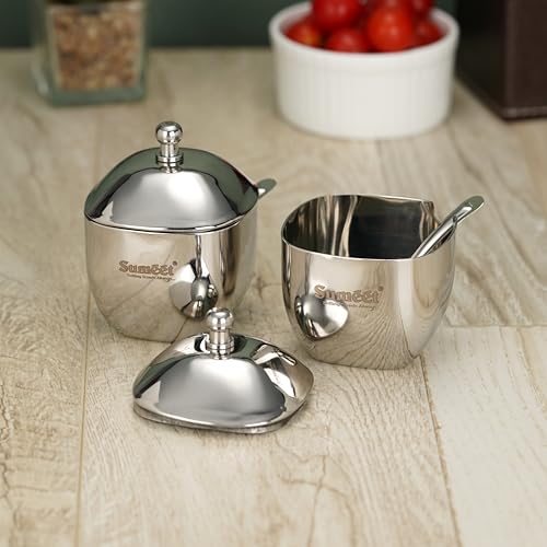 Sumeet Stainless Steel Square Shape Ghee and Oil Pot, Storage Container with Spoon for Kitchen, 6.5cm Dia, 160ML - Silver (Pack of 2)