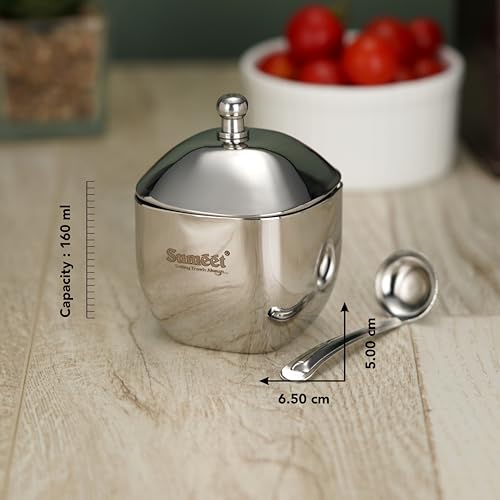 Sumeet Stainless Steel Square Shape Ghee and Oil Pot, Storage Container with Spoon for Kitchen, 6.5cm Dia, 160ML - Silver (Pack of 2)