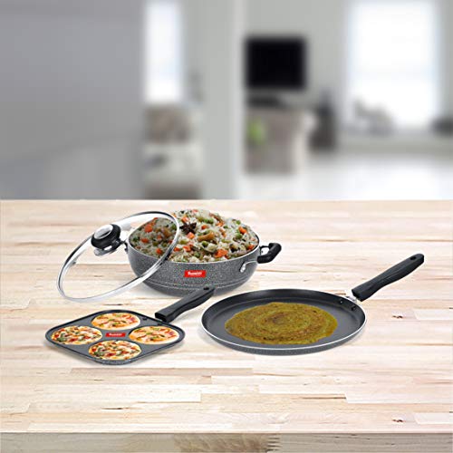 Sumeet NonStick Kelabu Cookware Set (Dosa Tawa - 26.5Cm Dia + Kadhai with Glass Lid -2Ltr - 22Cm Dia + Mini Multi Snack Maker - 4 Cavity -19.5cm)