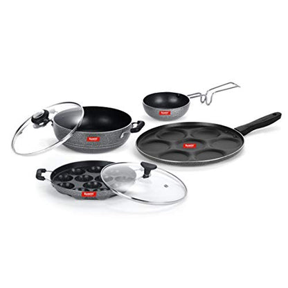 Sumeet NonStick Nero Cookware Set(Multi Snack Maker-7 Cavity-26.5Cm Dia+Kadhai with Glass Lid-2Ltr-22Cm Dia+Grill Appam Patra with Glass Lid-12 Cavity-22cm Dia+Waghariya/Tadka pan-190Ml-10Cm Dia)