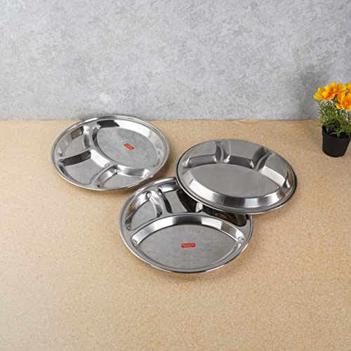 Sumeet Stainless Steel Round 4 in 1 Compartment Lunch / Dinner Plate Set of 3Pcs, 32.5cm Dia, Silver