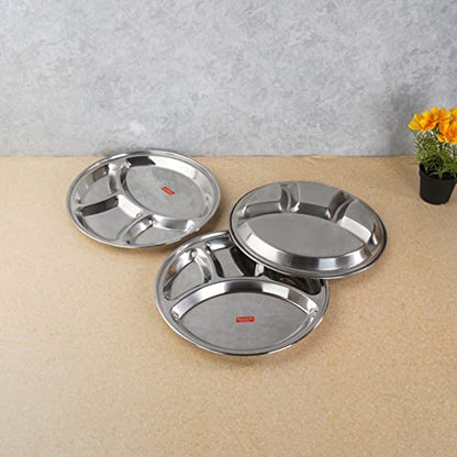 Sumeet Stainless Steel Round 4 in 1 Compartment Lunch / Dinner Plate Set of 3Pcs, 32.5cm Dia, Silver