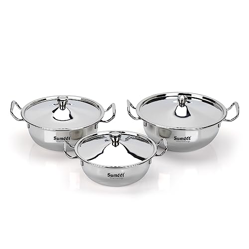 Sumeet Big Size Stainless Steel Cook and Serve Induction Handi Set with Lid and Handle, Set of 3Pc, 1200ML,1650ML & 2050ML, Silver