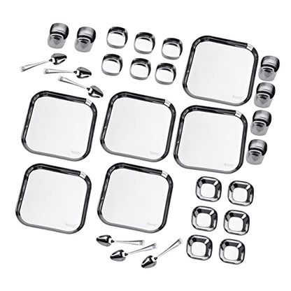 Sumeet Square Stainless Steel Heavy Gauge Mirror Finish Dinner Set of 30 Pc (6 Plate, 6 Halwa Plate, 6 Bowl , 6 Glass, 6 Spoon)