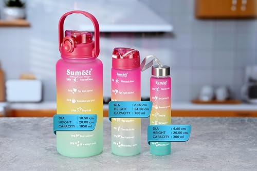 Sumeet Leak Proof Motivational/Inspire-Hydrate Water Bottle combo with Straw & Time Marker for Office/School/College/Gym/Picnic/Out Door Sports - 300ml, 700ml & 1850ml Set of 3, Pink