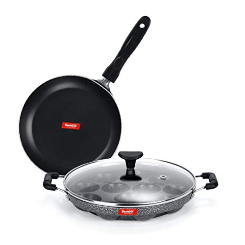 Sumeet NonStick Striebro Cookware Set (Tapper pan - 0.6Ltr - 20Cm Dia + Grill Appam Patra with Glass Lid - 12 Cavity - 22cm Dia)