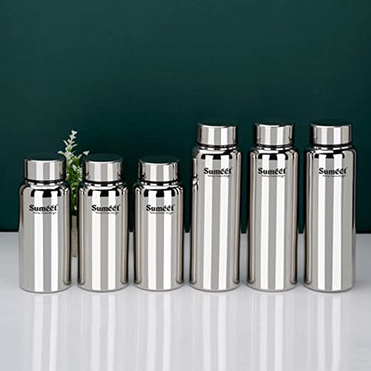 Sumeet Stainless Steel Jointless Akhand Leak-Proof Water Bottle / Fridge Bottle Set 800ML and 600ML - Pack of 6, Silver