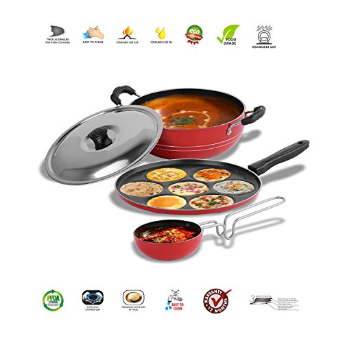 Sumeet 2.6mm Thick Non-Stick Olba Combo Set (Multi Snack Maker – 26.5cm Dia + Kadhai with Lid – 1.5Ltr Capacity- 20cm Dia + Tadka Pan – 10cm Dia)